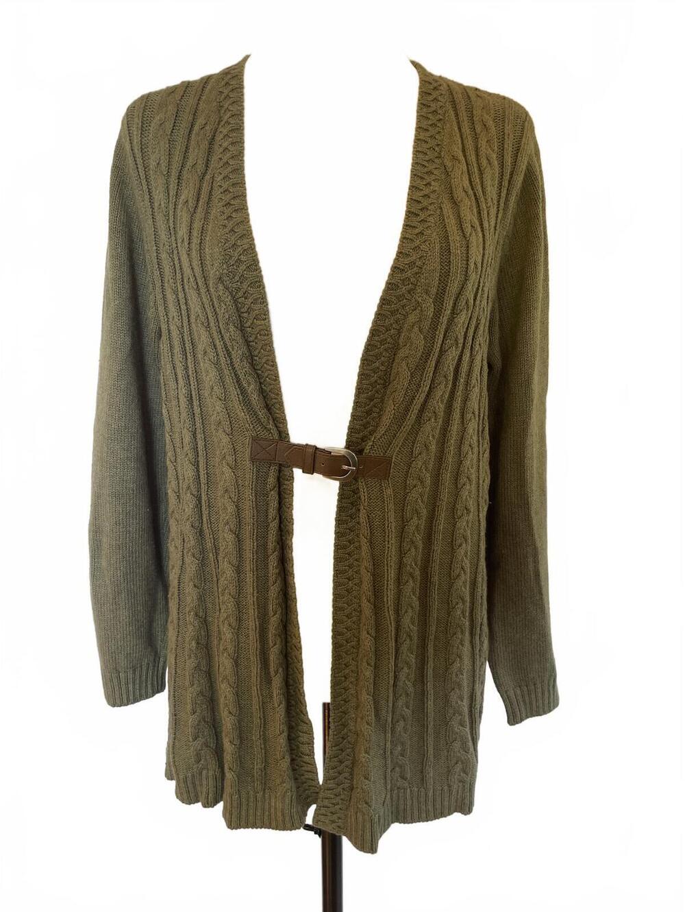 Olive Belted Cable Knit Cardigan S Heritage Preppy Equestrian Dark Academia Fall